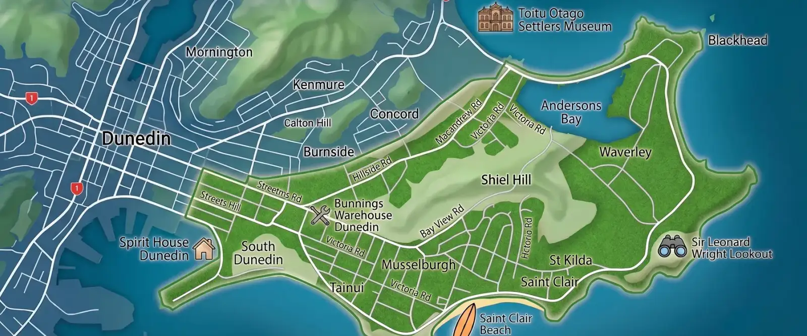 Dunedin Mowing lawn mowing service area map covering St Clair, Musselburgh, Andersons Bay and Waverley on the Dunedin East Peninsula