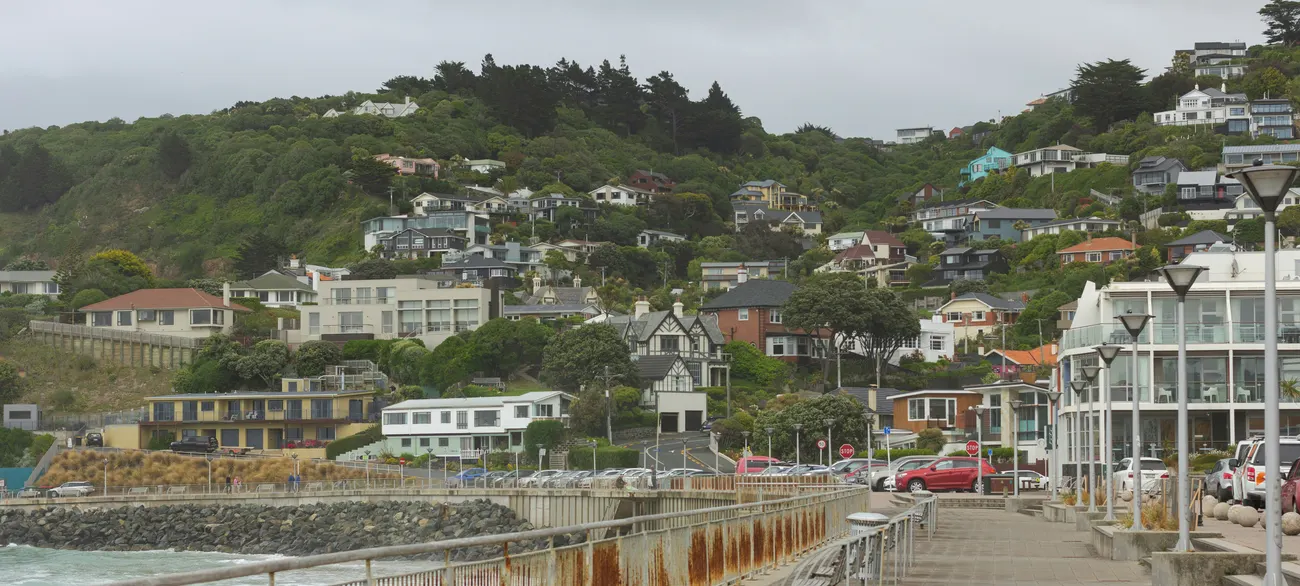 St Clair Esplanade and coastal hillside homes in Dunedin