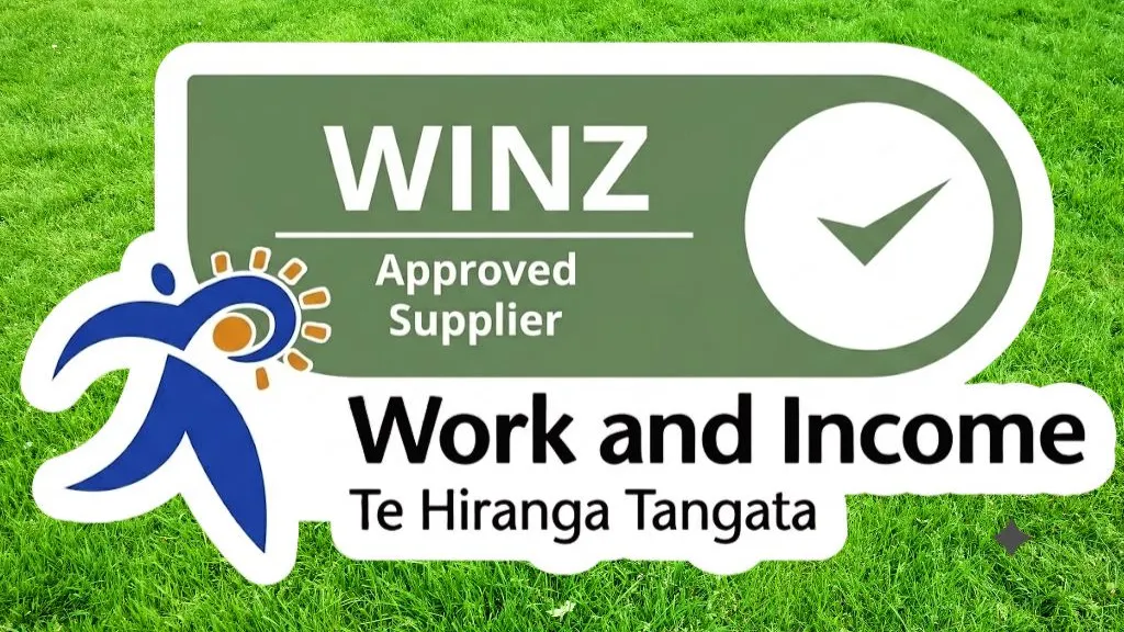 Dunedin Mowing WINZ Approved Supplier sign on grass